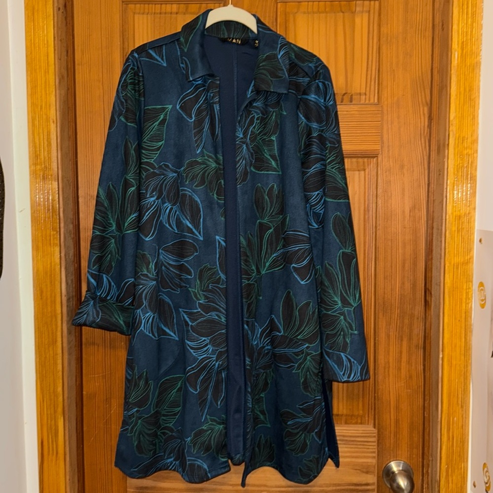 Women’s IMAN Duster cardigan sweater jacket blue floral Medium open front